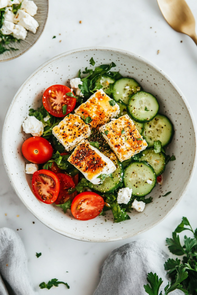 This image shows a vibrant salad with cucumber slices, diced tomatoes, and crumbled feta cheese in a white bowl, lightly drizzled with olive oil and red wine vinegar.