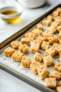 This image shows golden and crispy croutons baking in the oven, ready to be added to the shrimp Caesar salad.