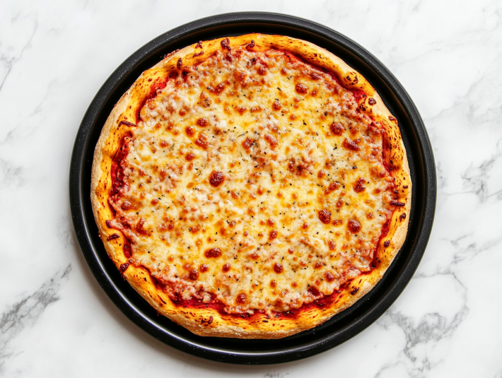 This image shows a delicious low-carb fathead pizza with gooey, melted cheese, served hot on a sleek black round plate, perfect for a keto-friendly meal.