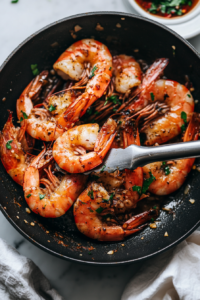 This image shows shrimp fully cooked, coated in garlic butter sauce, and ready to be mixed with zucchini noodles.