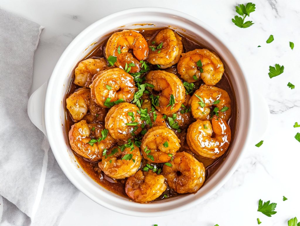 This image shows a white bowl filled with Garlic Honey Lime Shrimp, cooked in a creamy sauce, with a pinch of cayenne pepper, tender shrimp, and garnished with freshly chopped cilantro.