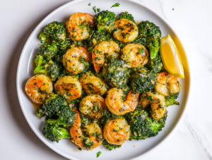 This image shows a beautifully plated garlic butter shrimp broccoli skillet on a white round plate. The dish features tender shrimp and vibrant green broccoli, topped with a squeeze of fresh lemon juice, parsley, lemon slices, and a sprinkle of crushed red chili pepper.