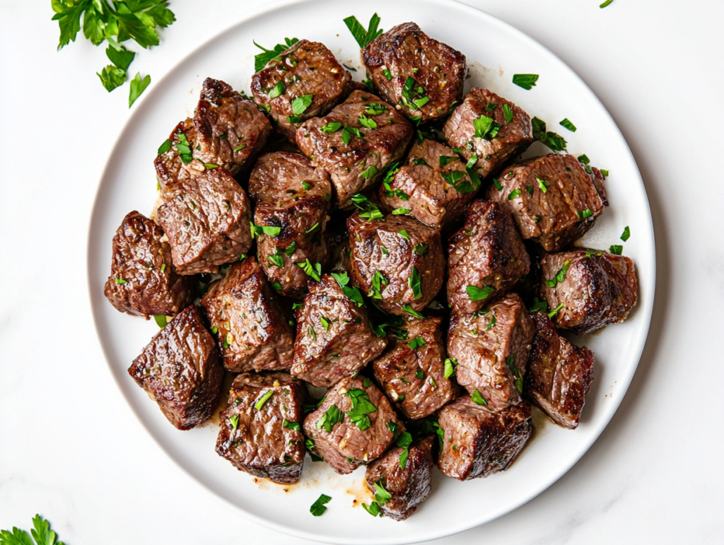 this image shows close-up of garlic butter steak bites served on a white round plate. The steak cubes are golden brown, juicy, and topped with minced parsley, surrounded by a glossy garlic butter sauce for an appetizing finish.