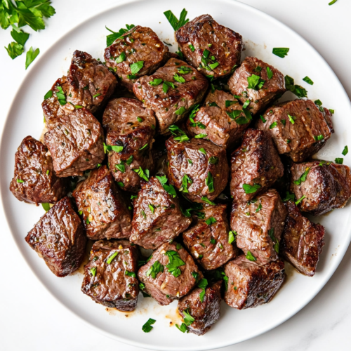 this image shows close-up of garlic butter steak bites served on a white round plate. The steak cubes are golden brown, juicy, and topped with minced parsley, surrounded by a glossy garlic butter sauce for an appetizing finish.