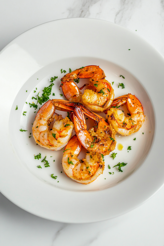 This image shows juicy garlic grilled shrimp coated in a spicy glaze and garnished with freshly chopped cilantro, served as a flavorful low-carb meal.