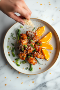 This image shows Crockpot Orange Chicken being garnished with a sprinkle of white sesame seeds and freshly chopped green onions.