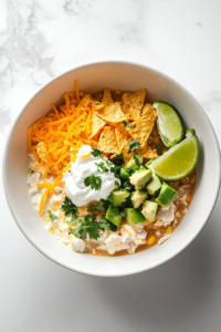 This image shows the finished Crockpot White Chicken Chili being garnished with fresh lime wedges, avocado slices, and a sprinkle of cilantro, beautifully presented for serving.