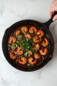 This image shows the completed Garlic Honey Lime Shrimp served in a bowl, topped with creamy sauce, a sprinkle of cayenne pepper, and fresh cilantro for a vibrant, flavorful finish.