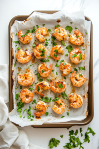 This image shows baked shrimp on a platter being garnished with a sprinkle of fresh cilantro, adding color and freshness to the dish.