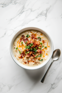 This image shows the final presentation of crockpot potato soup, garnished with crispy bacon bits and fresh green onions for added flavor and visual appeal.