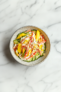 This image shows sesame seeds and crispy panko being sprinkled over the kani salad, adding a crunchy texture and additional flavor to the final dish.