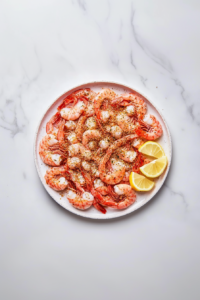 this simage shows Shrimp garnished with fresh lemon juice and a sprinkle of Old Bay seasoning, ready to be served.