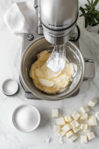 This image shows confectioners' sugar being gradually added to the creamed butter in a mixing bowl, slowly forming the base for buttercream frosting.