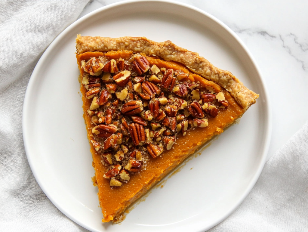 This image shows a slice of Grandma's Sweet Potato Pecan Pie on a white round plate, featuring a creamy sweet potato base topped with glossy pecans, perfect for a holiday dessert.