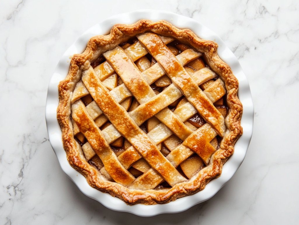 This image shows a delicious Vegan Rustic Apple Pie with a golden brown crust served on a white round plate, showcasing its homemade appeal and warm, comforting look.