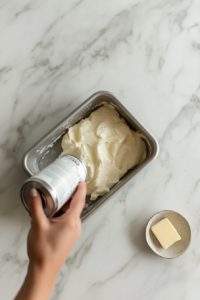 This image shows a loaf pan being greased with butter or oil to prevent the bread from sticking during baking.