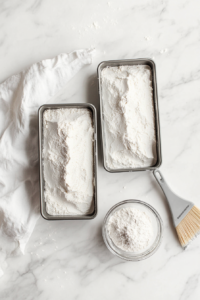 top-down shot of a pair of loaf pans being greased with butter or oil, ensuring a smooth release for the baked zucchini bread.