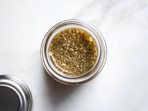 This image shows a small glass bowl filled with freshly made Greek salad dressing, prepared with olive oil, garlic powder, oregano, basil, pepper, salt, onion powder, and Dijon mustard, ready to enhance any salad.