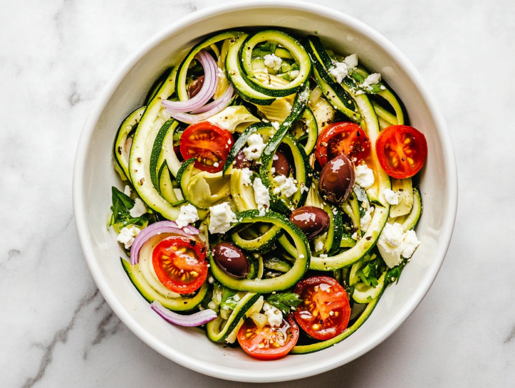 This image shows a vibrant Greek zucchini salad served in a white bowl, featuring zucchini noodles, kalamata olives, and a tangy dressing made with olive oil, vinegar, garlic, and oregano, topped with crumbled feta cheese for a delicious and healthy meal.