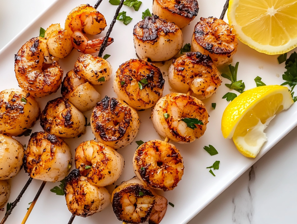 This image shows a plate of grilled scallops and shrimp kabobs skewered and roasted to perfection, accompanied by lemon wedges and garnished with freshly chopped cilantro on a white rectangular plate.