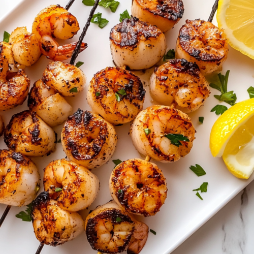 This image shows a plate of grilled scallops and shrimp kabobs skewered and roasted to perfection, accompanied by lemon wedges and garnished with freshly chopped cilantro on a white rectangular plate.