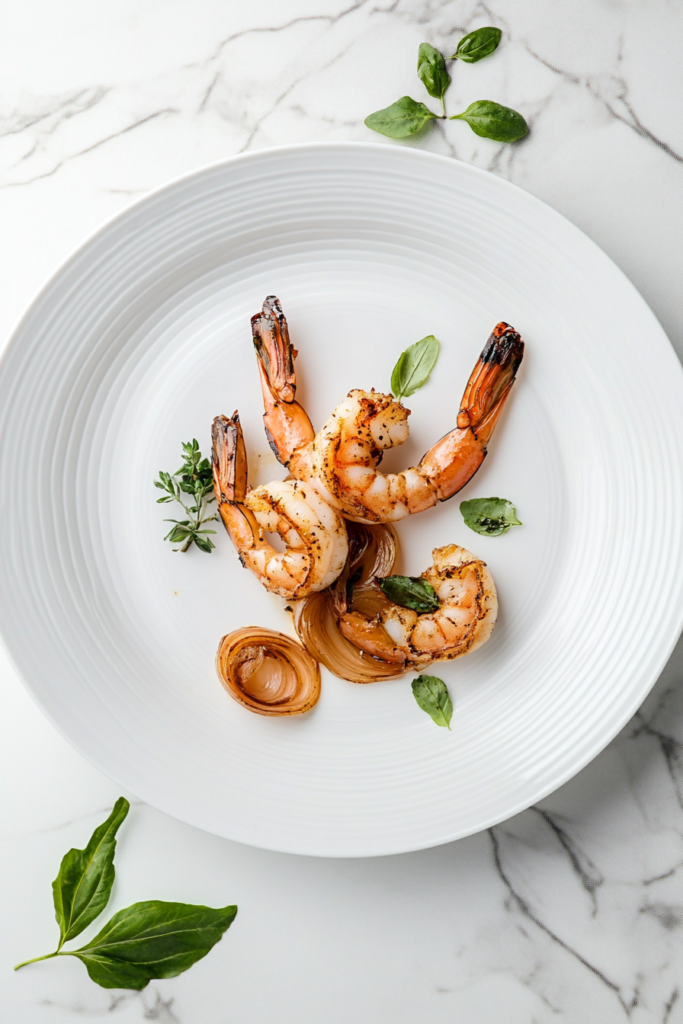 This image shows grilled shrimp served with caramelized shallots, which are sprinkled over the shrimp to enhance their savory flavor.