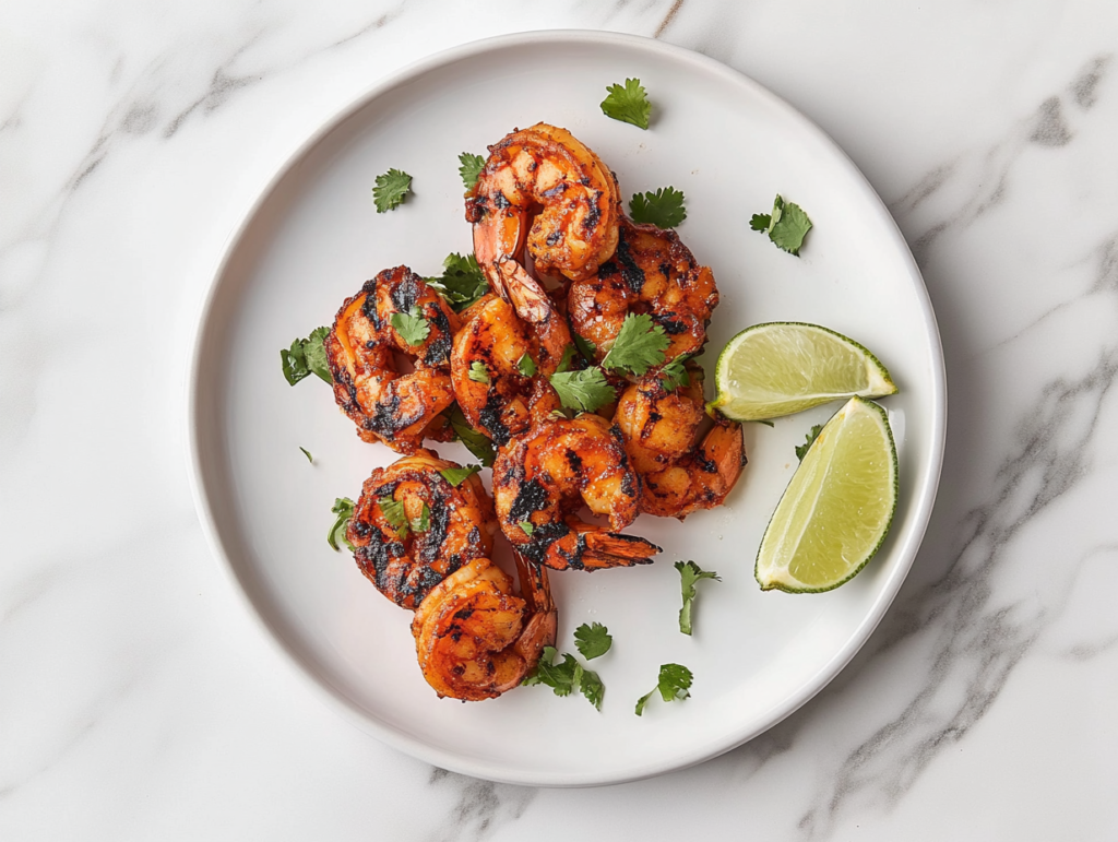 A plate of grilled tandoor shrimp served on a white round plate, garnished with fresh cilantro and lime wedges for an appealing presentation.