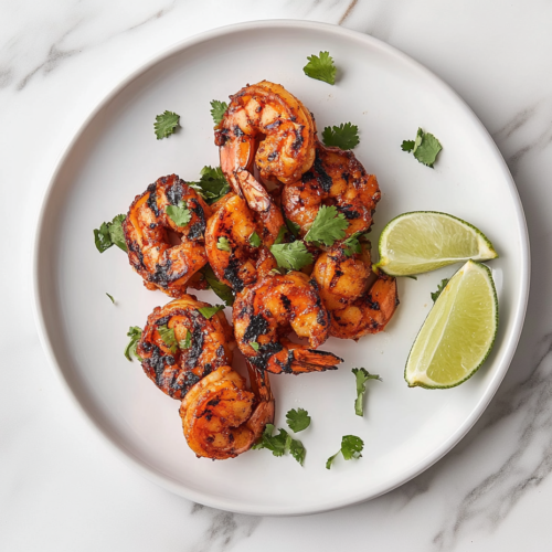 A plate of grilled tandoor shrimp served on a white round plate, garnished with fresh cilantro and lime wedges for an appealing presentation.