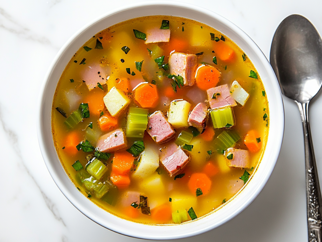 this image shows hearty bowl of ham soup served in a white bowl, filled with diced ham, carrots, celery, onions, and potatoes in a savory broth, with a silver spoon resting on the side.