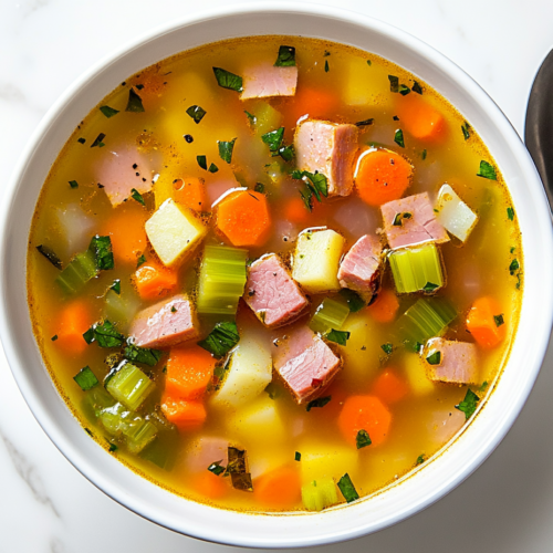 this image shows hearty bowl of ham soup served in a white bowl, filled with diced ham, carrots, celery, onions, and potatoes in a savory broth, with a silver spoon resting on the side.