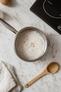 This image shows coconut milk being gently heated in a saucepan, preparing it to be combined with dark chocolate for the vegan tart filling.