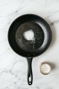 This image shows coconut oil melting and heating in a skillet, creating the perfect surface for cooking the seasoned shrimp for the Bang Bang shrimp pasta.