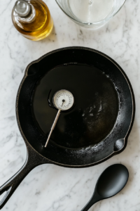 This image shows a skillet on the stovetop with oil heating up, getting ready to fry the coated tofu pieces.