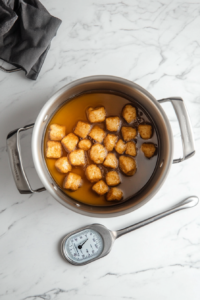 This image shows a thermometer being used to check the oil temperature in a skillet, ensuring it is ready for frying tofu nuggets.