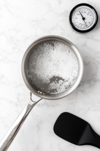 This image shows the sugar and water mixture being heated over low heat in a saucepan until the sugar fully dissolves, creating a clear syrup.