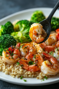 This image shows honey garlic shrimp served on a white round plate, garnished with sesame seeds and paired with vibrant steamed broccoli for a complete and nutritious meal.