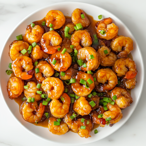 This image shows a beautifully plated dish of honey mustard garlic shrimp, served on a white plate and garnished with fresh chopped spring onions, showcasing the delicious, savory flavors of the shrimp.