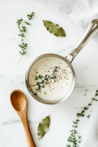 This image shows a saucepan with almond milk being gently heated alongside fresh herbs and aromatics, creating a flavorful base for vegan béchamel sauce.