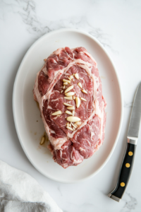 This image shows garlic slivers being carefully inserted into small cuts in the pork, enhancing the flavor during the slow cooking process.