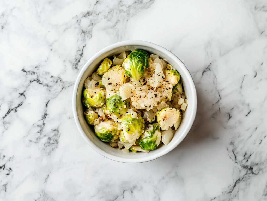 This image shows the Instant Pot in Sauté mode, ready to cook Brussels sprouts and other ingredients for a flavorful dish.