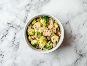 This image shows the Instant Pot in Sauté mode, ready to cook Brussels sprouts and other ingredients for a flavorful dish.