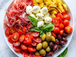 This image shows a beautifully plated Italian keto antipasto salad in a white bowl, featuring a mix of cured meats, cheese, fresh vegetables, and a tangy dressing, garnished with vibrant fresh basil leaves for a delicious and keto-friendly meal.