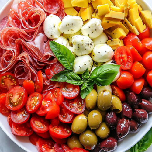 This image shows a beautifully plated Italian keto antipasto salad in a white bowl, featuring a mix of cured meats, cheese, fresh vegetables, and a tangy dressing, garnished with vibrant fresh basil leaves for a delicious and keto-friendly meal.