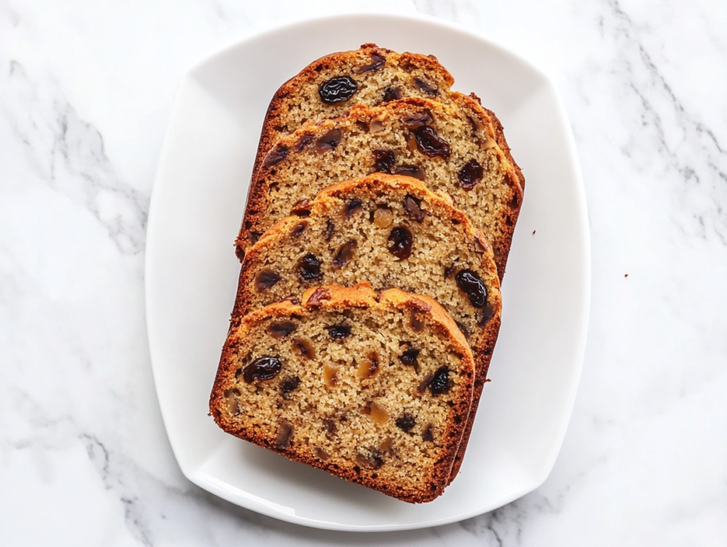 This image shows a loaf of Jamaican banana bread on a white plate, garnished with visible pecans and raisins, with slices cut and arranged around it.