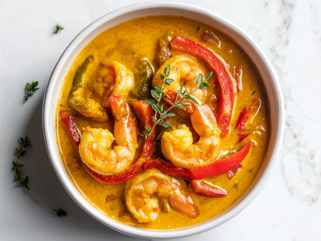 This image shows a white bowl filled with Jamaican creamy curry, featuring seasoned shrimp and bell pepper slices in a luscious coconut milk-based curry sauce, served as a vibrant and flavorful dish.