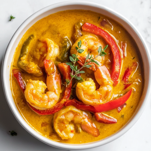 This image shows a white bowl filled with Jamaican creamy curry, featuring seasoned shrimp and bell pepper slices in a luscious coconut milk-based curry sauce, served as a vibrant and flavorful dish.