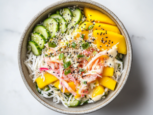 This image shows a vibrant kani salad in a ceramic bowl, made with frozen mango, Lebanese cucumbers, crab meat sticks, avocado slices, and topped with sesame seeds and crispy panko for added crunch.