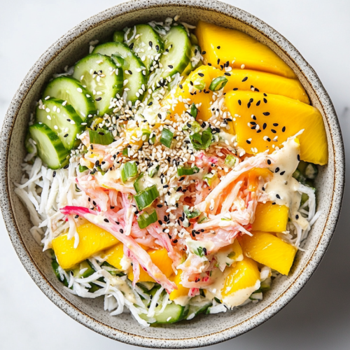 This image shows a vibrant kani salad in a ceramic bowl, made with frozen mango, Lebanese cucumbers, crab meat sticks, avocado slices, and topped with sesame seeds and crispy panko for added crunch.