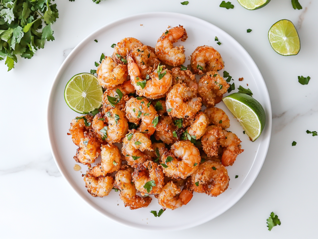 This image shows Keto Bang Bang shrimp served on a white round plate, topped with chopped cilantro and accompanied by a half-cut lemon. The dish is paired with a creamy sauce made from mayonnaise, Sriracha, garlic powder, lime juice, soy sauce, ginger paste, and a granular sweetener.