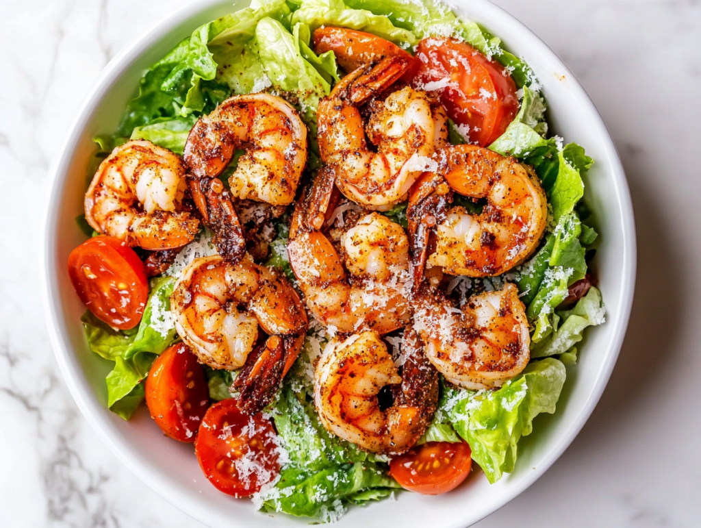 this image shows vibrant bowl of Keto Cajun Shrimp Caesar Salad, featuring juicy Cajun-seasoned shrimp, crisp Romaine lettuce, fresh diced Roma tomatoes, and a sprinkling of Parmesan cheese, all tossed in creamy Caesar dressing.